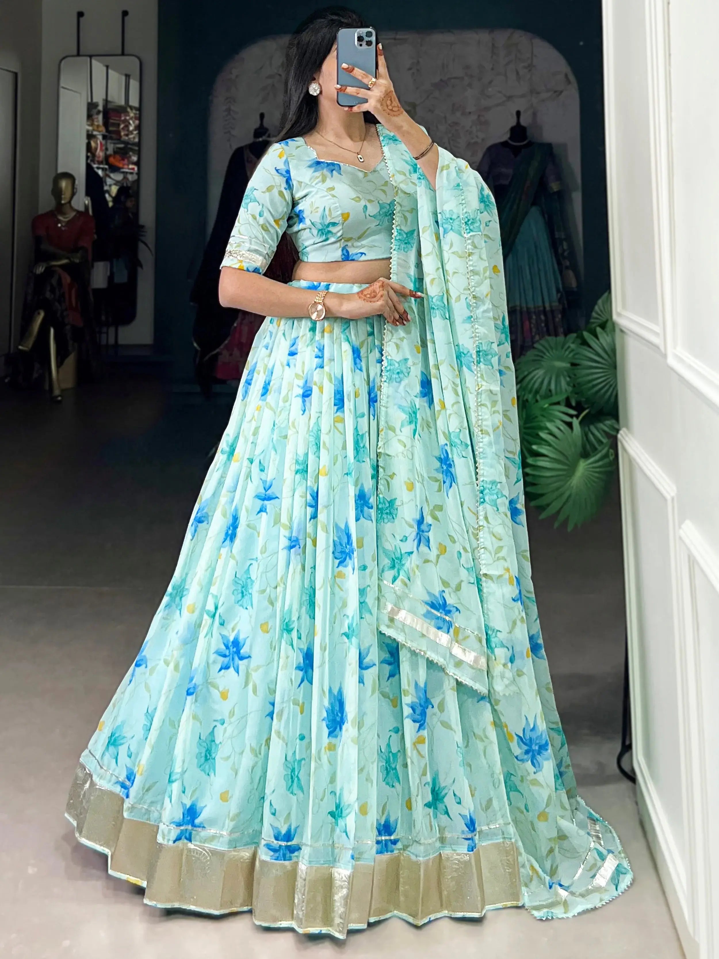 Attractive Sky Blue Floral Printed Silk Festive Wear Lehenga Choli