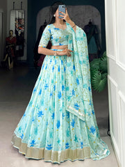 Attractive Sky Blue Floral Printed Silk Festive Wear Lehenga Choli