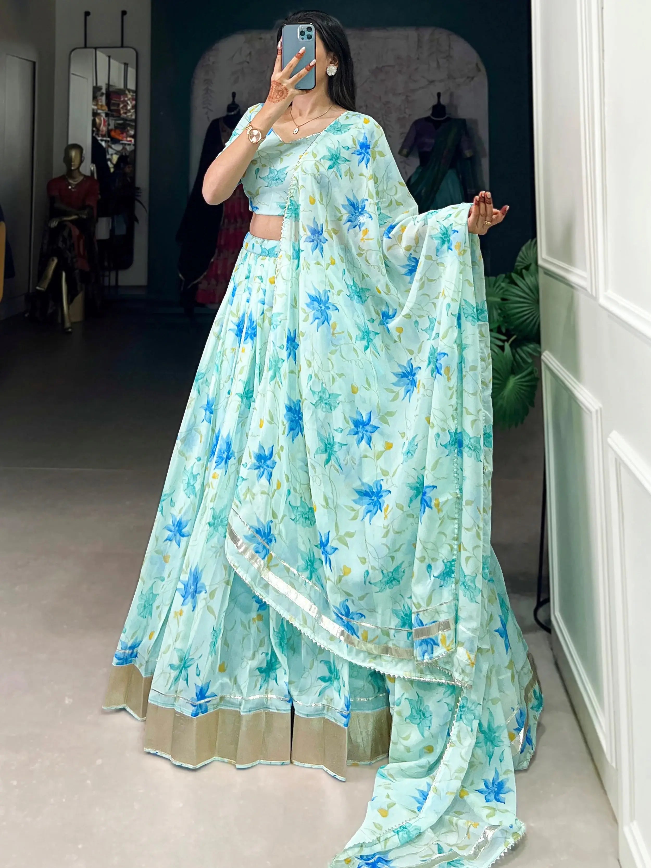 Attractive Sky Blue Floral Printed Silk Festive Wear Lehenga Choli