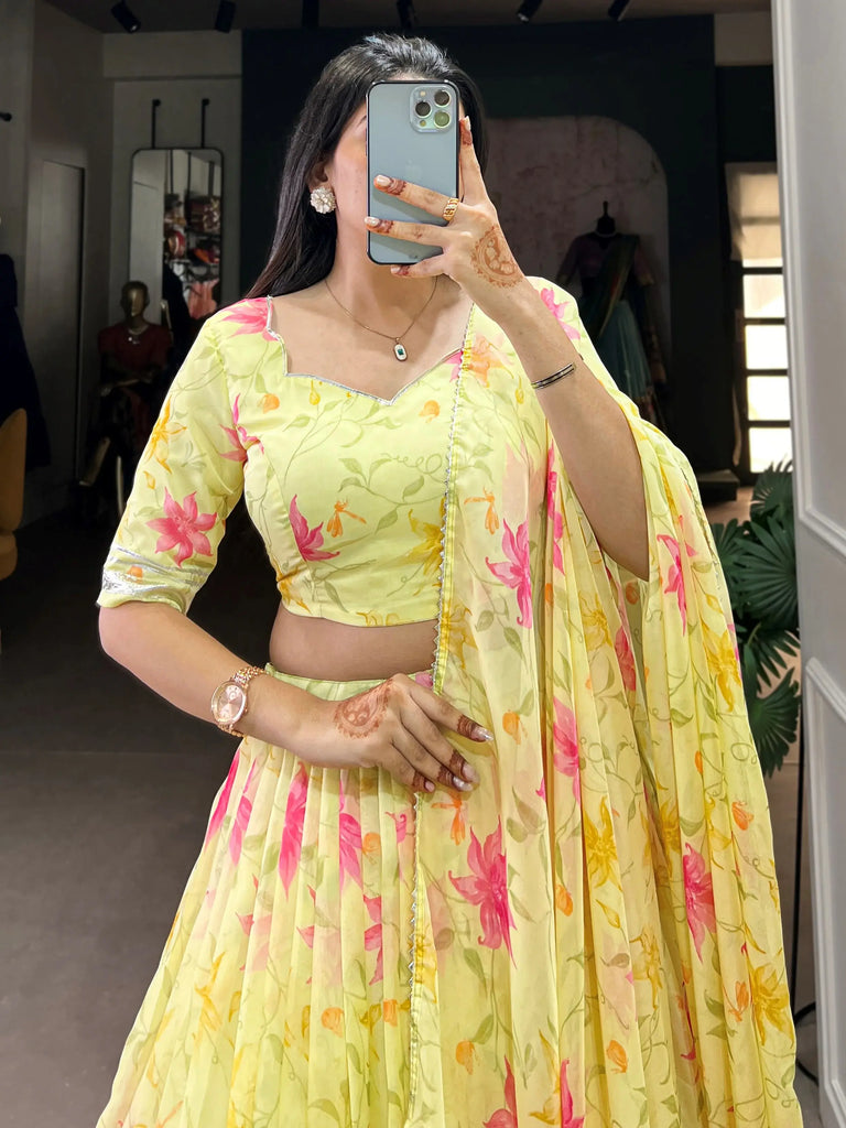 Impressive Yellow Floral Printed Silk Haldi Wear Lehenga Choli