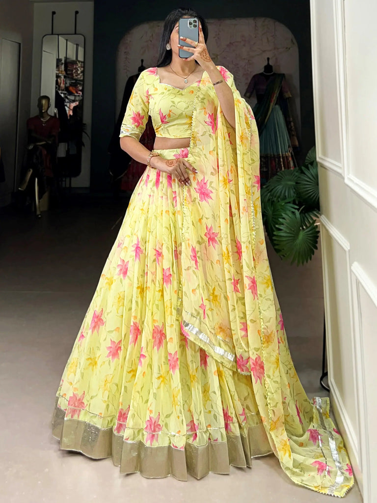 Impressive Yellow Floral Printed Silk Haldi Wear Lehenga Choli