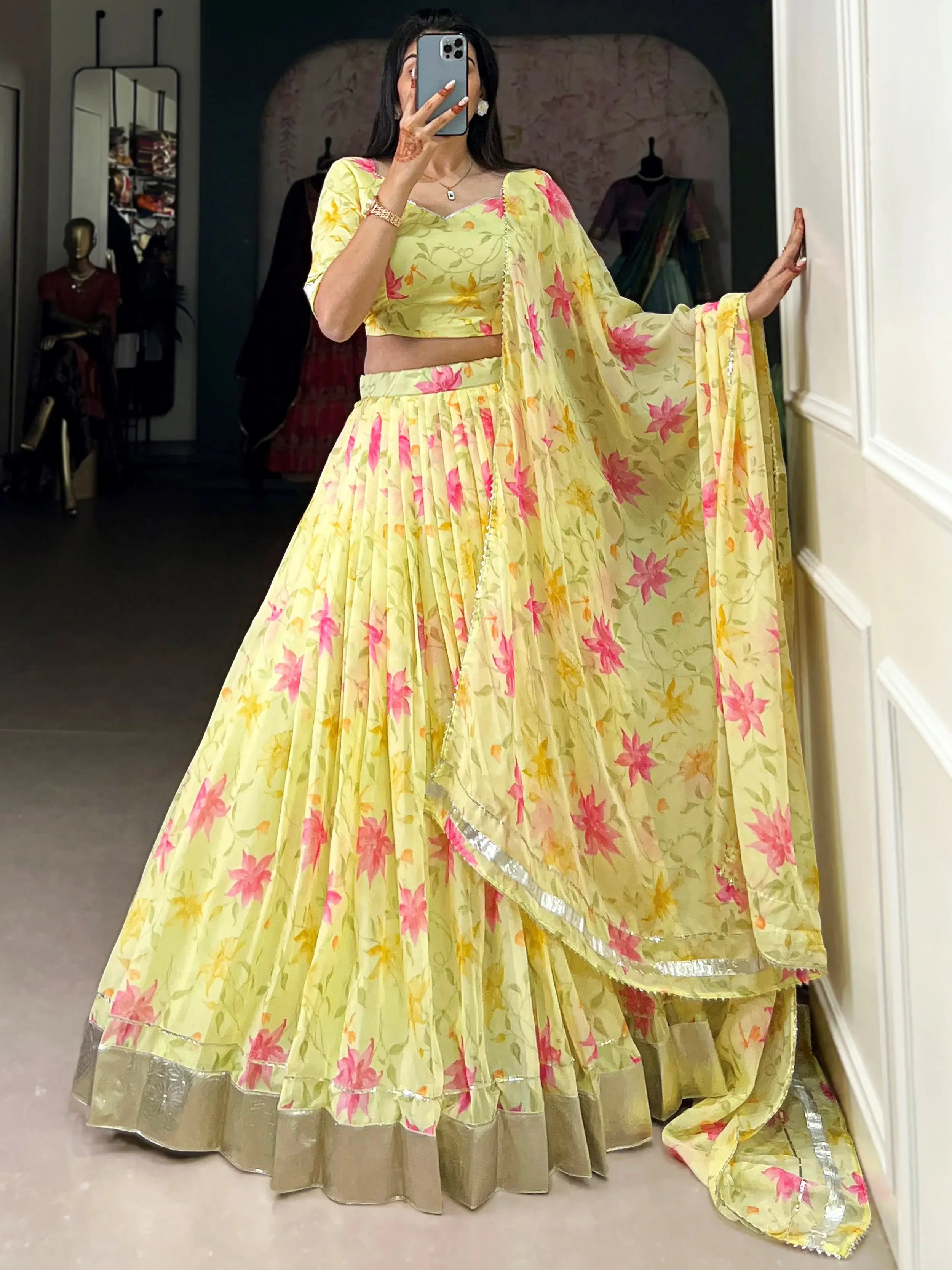Impressive Yellow Floral Printed Silk Haldi Wear Lehenga Choli