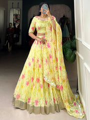 Impressive Yellow Floral Printed Silk Haldi Wear Lehenga Choli