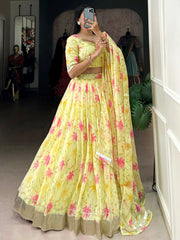 Impressive Yellow Floral Printed Silk Haldi Wear Lehenga Choli