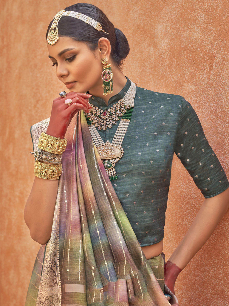 Stunning Multi Color Foil Printed Silk Event Wear Saree With Blouse