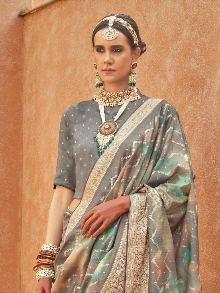 Fetching Grey Foil Printed Silk Function Wear Saree With Blouse