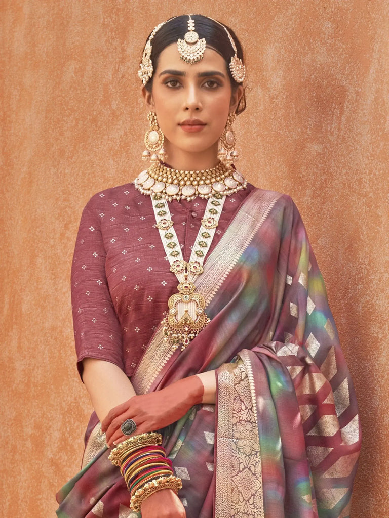 Gorgeous Wine Color Foil Printed Silk Event Wear Saree With Blouse