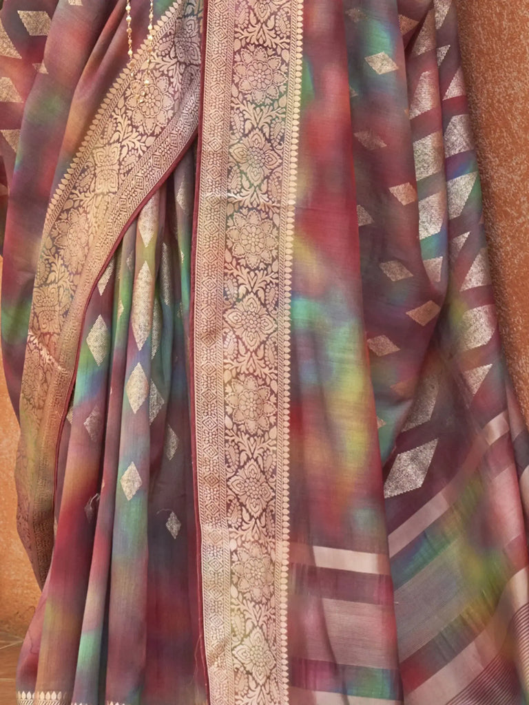 Gorgeous Wine Color Foil Printed Silk Event Wear Saree With Blouse