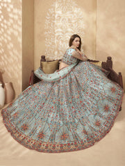 Aqua Blue Multi Thread Net Reception Wear Lehenga Choli