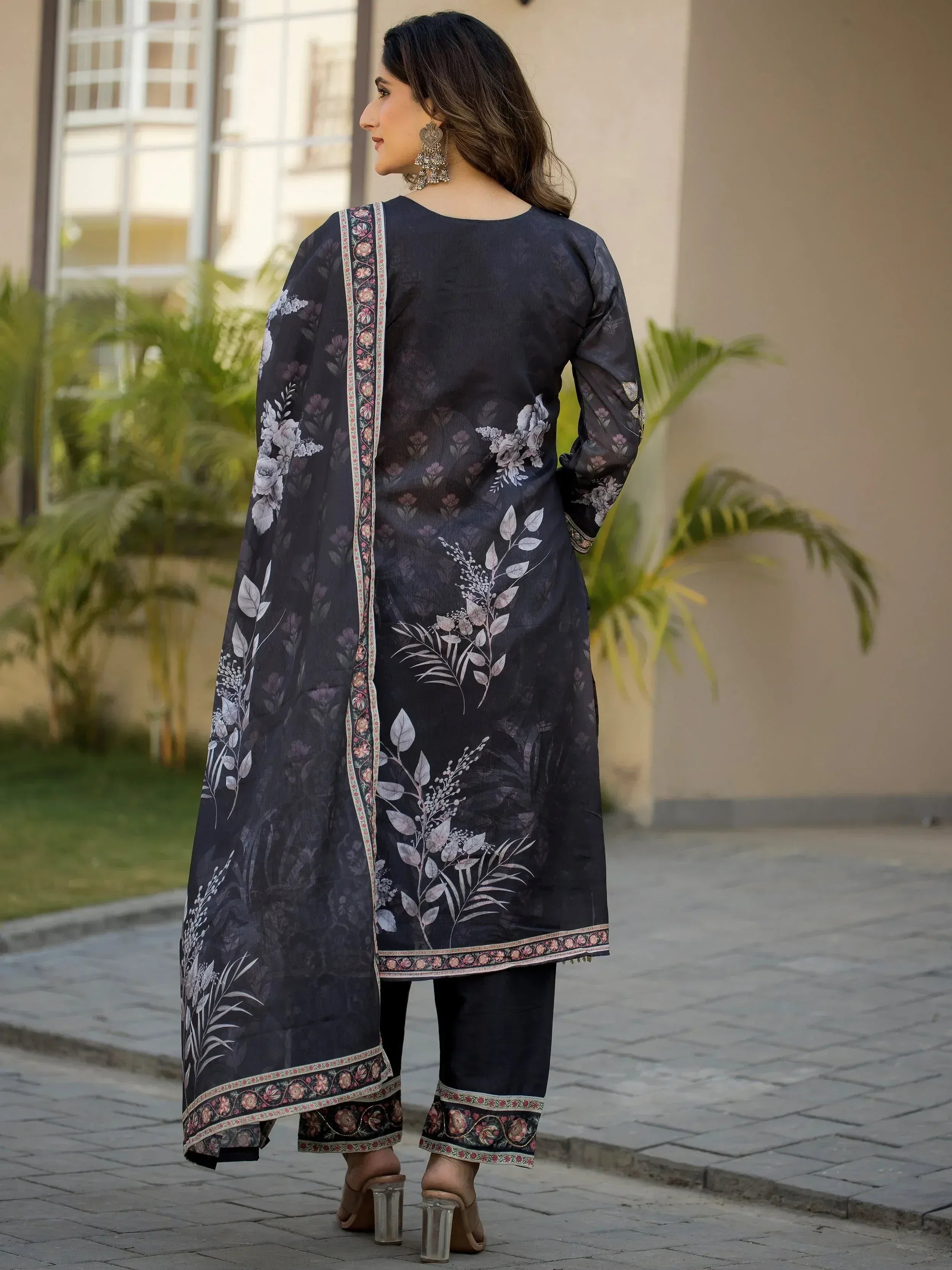Adorable Black Digital Printed Chinon Traditional Straight Suit 