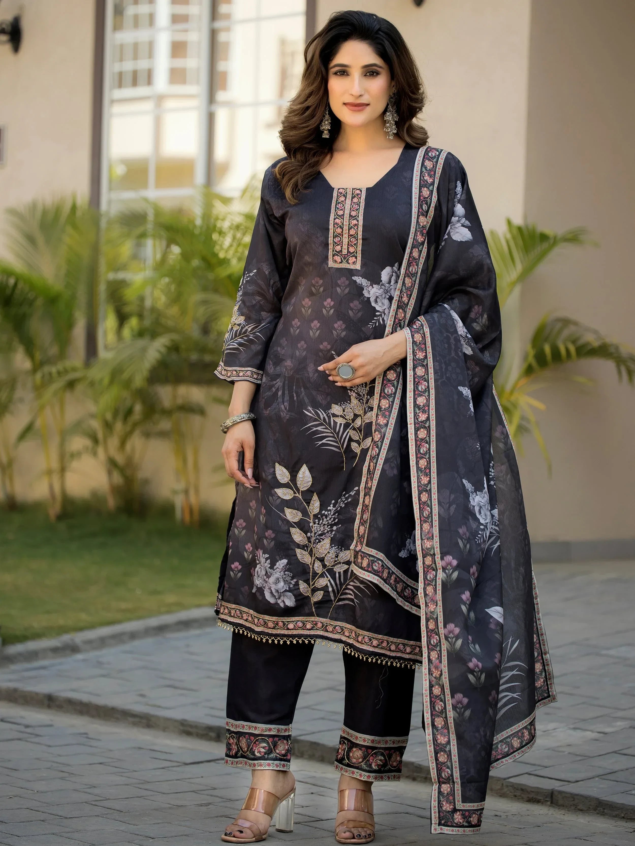 Adorable Black Digital Printed Chinon Traditional Straight Suit 