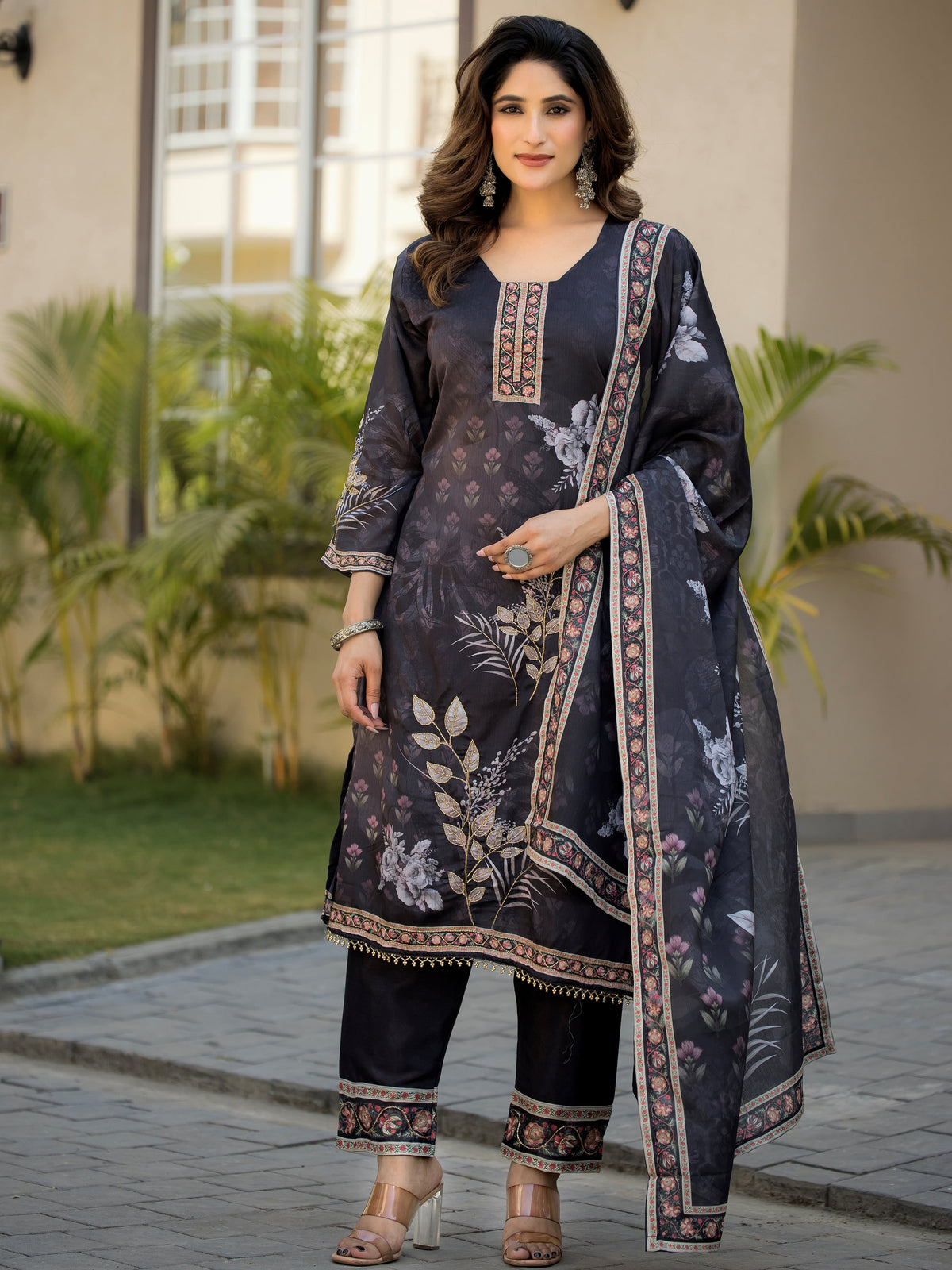 Adorable Black Digital Printed Chinon Traditional Straight Suit 