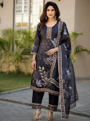 Adorable Black Digital Printed Chinon Traditional Straight Suit 
