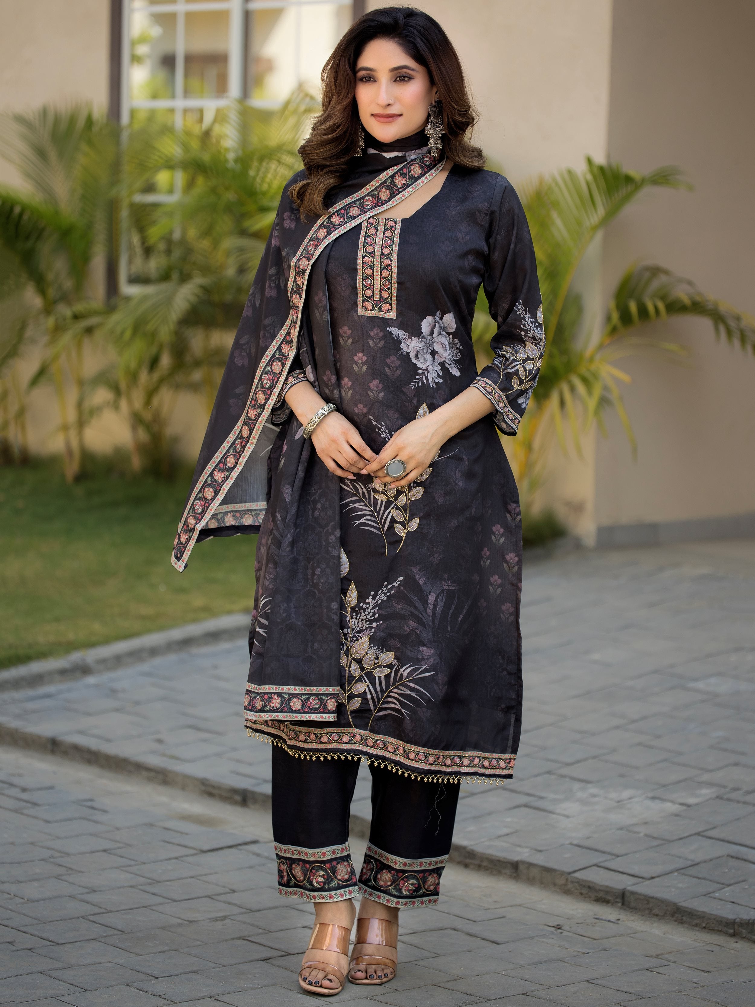 Adorable Black Digital Printed Chinon Traditional Straight Suit 