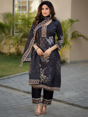 Adorable Black Digital Printed Chinon Traditional Straight Suit 