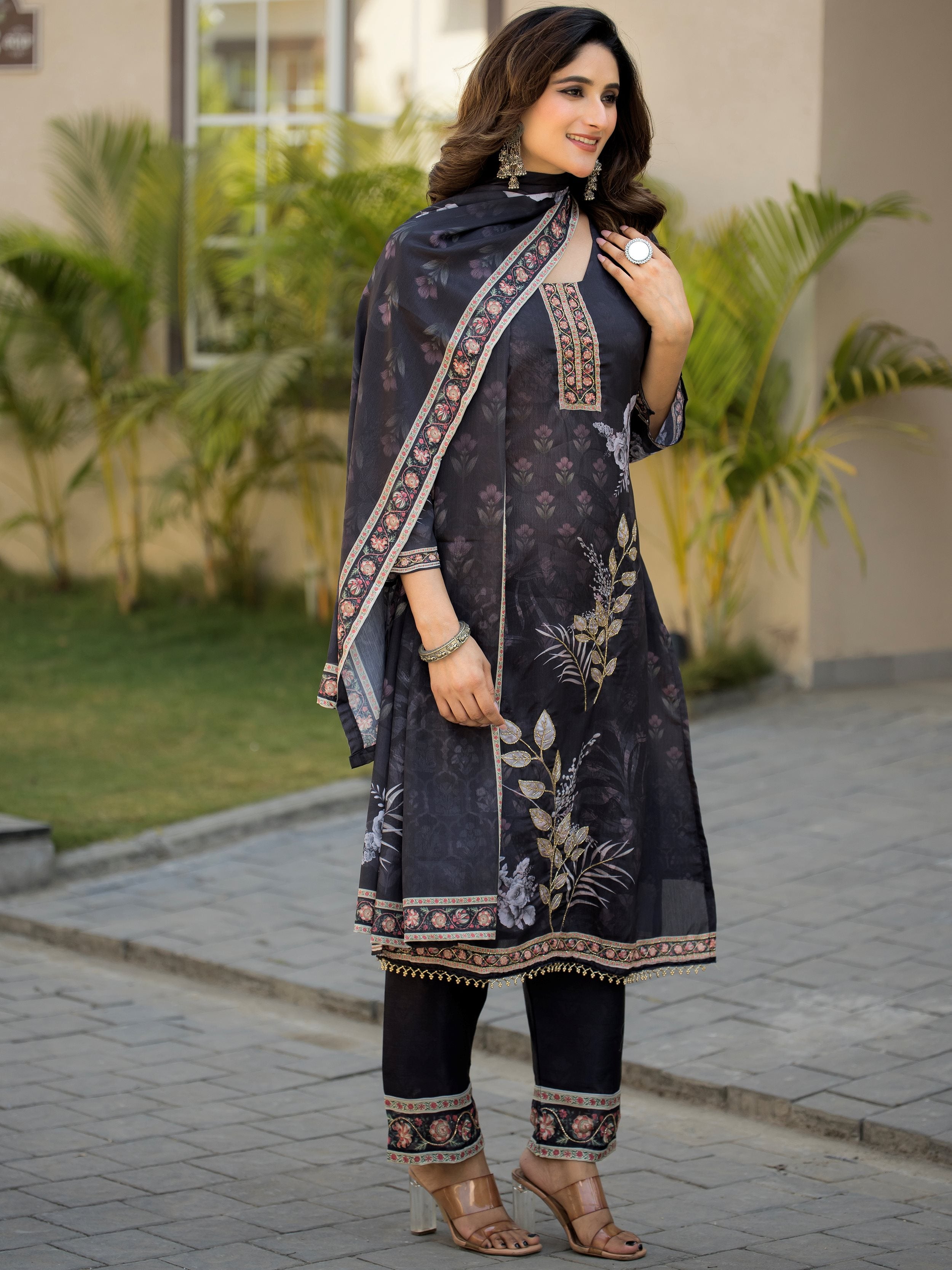 Adorable Black Digital Printed Chinon Traditional Straight Suit 