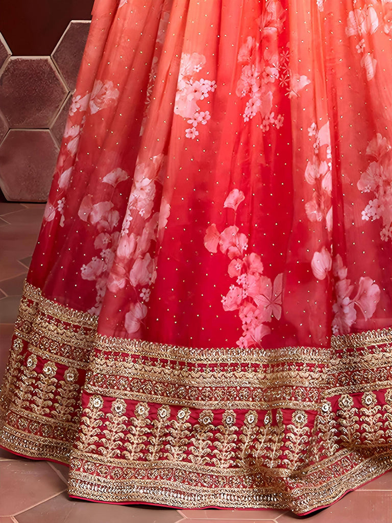 Awesome Orange Printed Silk Wedding Wear Plus Size Lehenga Choli