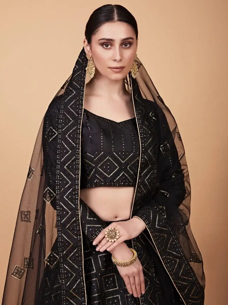 Sensational Black Sequined Work Silk Cocktail Wear Lehenga Choli