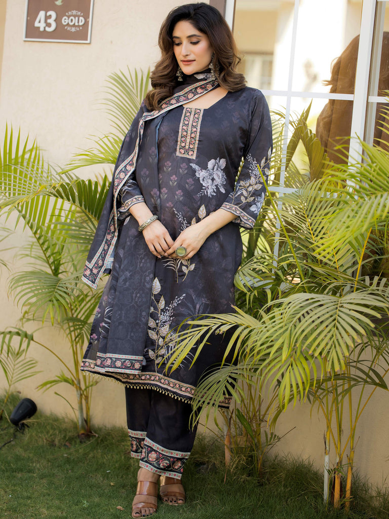 Adorable Black Digital Printed Chinon Traditional Straight Suit 