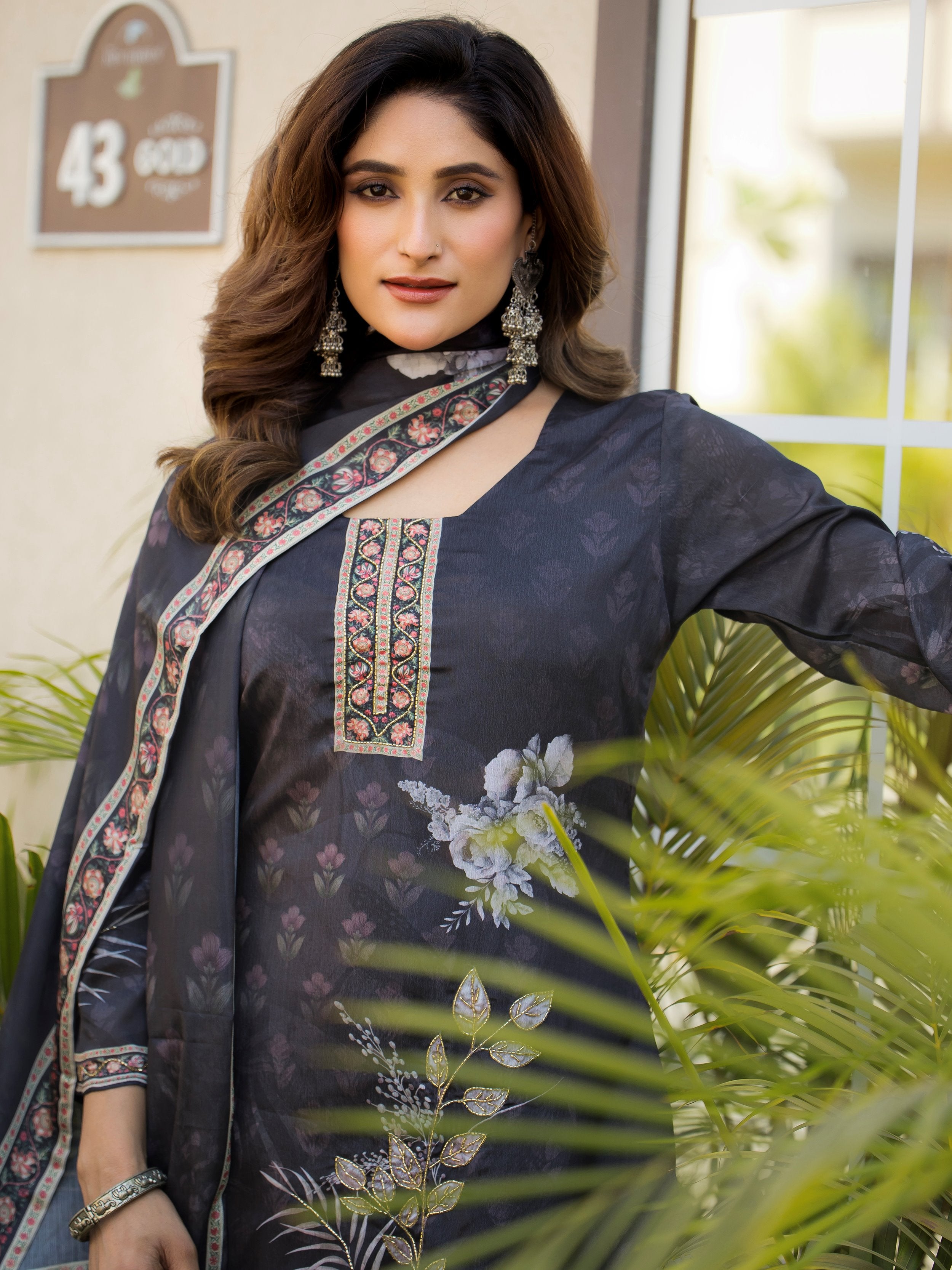 Adorable Black Digital Printed Chinon Traditional Straight Suit 