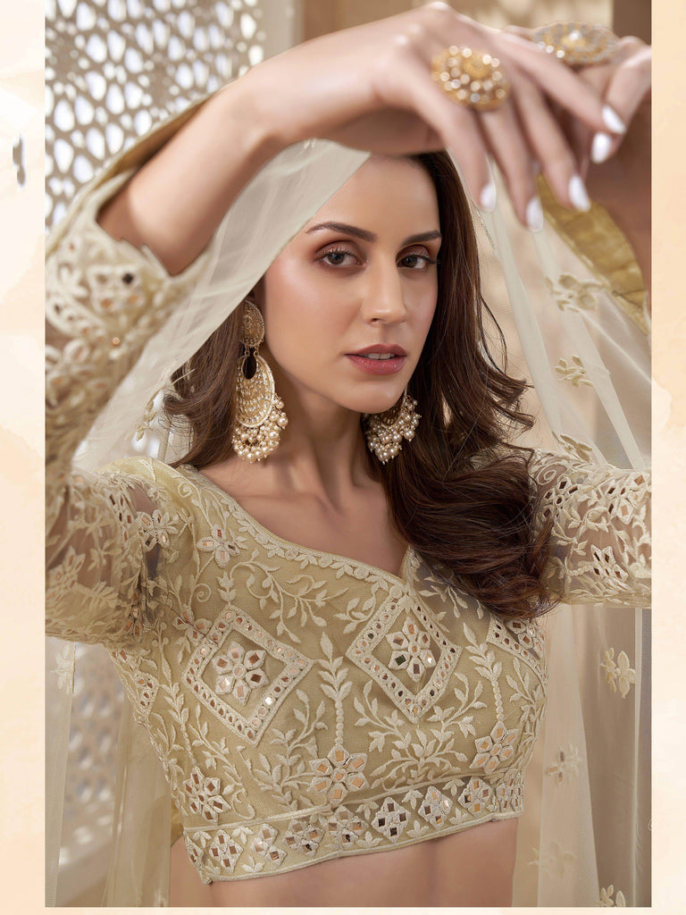 Marvelous Pale Yellow Thread Embroidery Net Reception wear Lehenga Choli