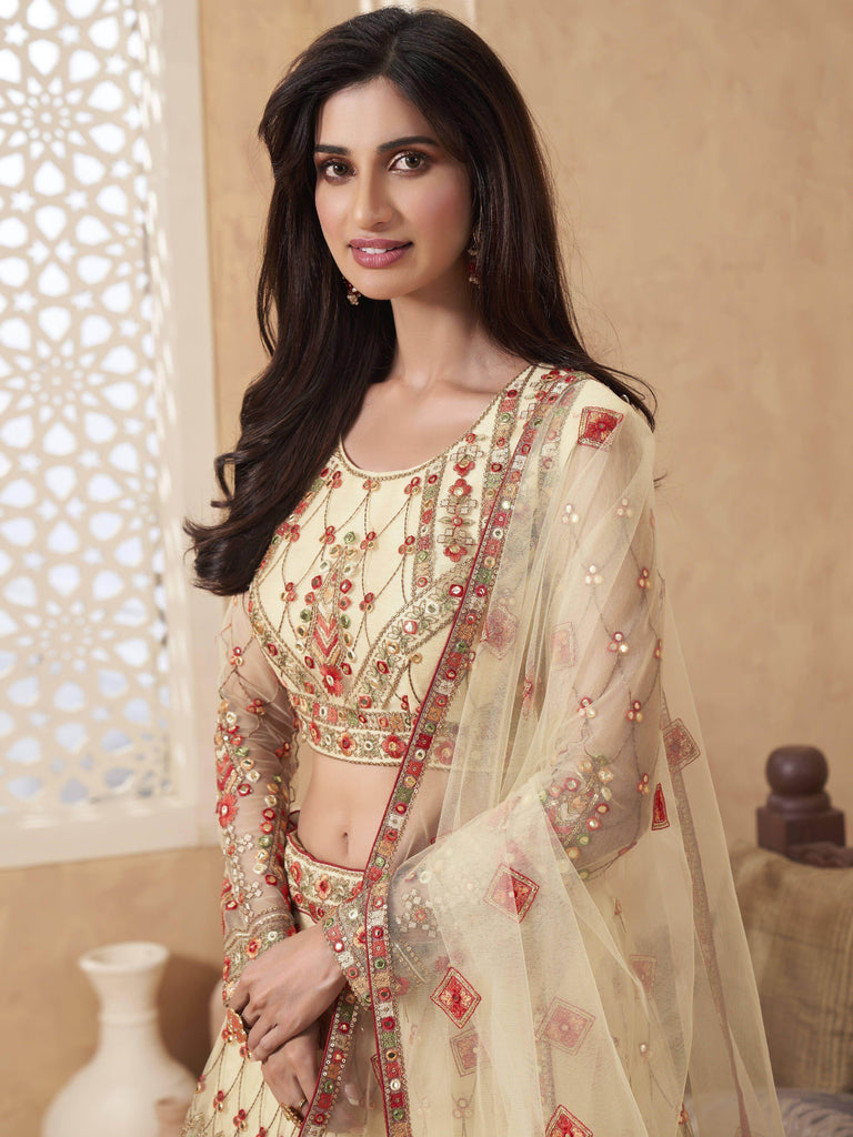 Amazing Pale Yellow Thread Embroidery Net Reception wear Lehenga Choli