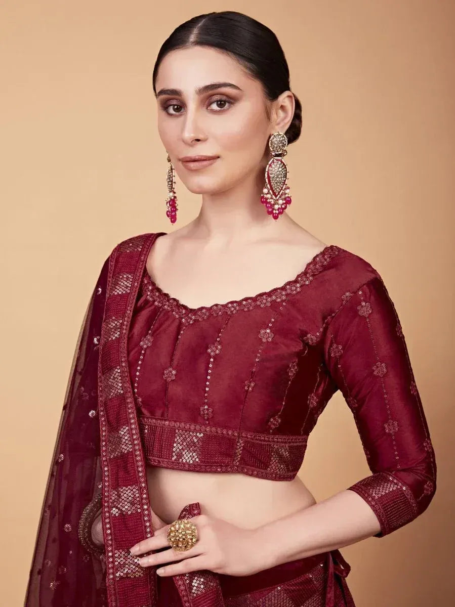 Maroon designer lehenga choli with sequin embroidery and matching dupatta, perfect for Indian ethnic wear