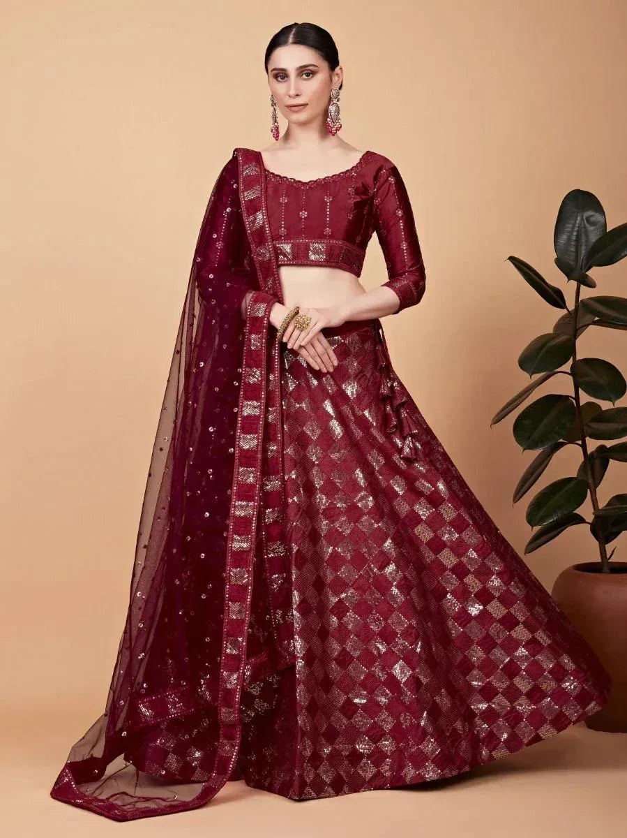 Maroon designer lehenga choli with sequin work and sheer dupatta, perfect for Indian ethnic occasions