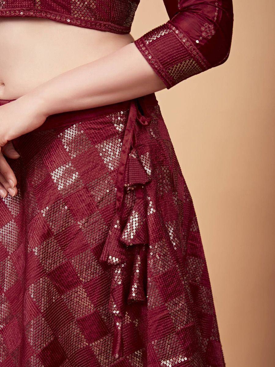 Maroon sequin lehenga choli with ruffle detailing, perfect for Indian ethnic wear occasions