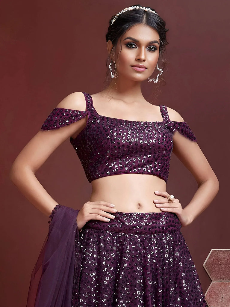 Glamorous Purple Sequins Net Reception Wear Plus Size Lehenga Choli
