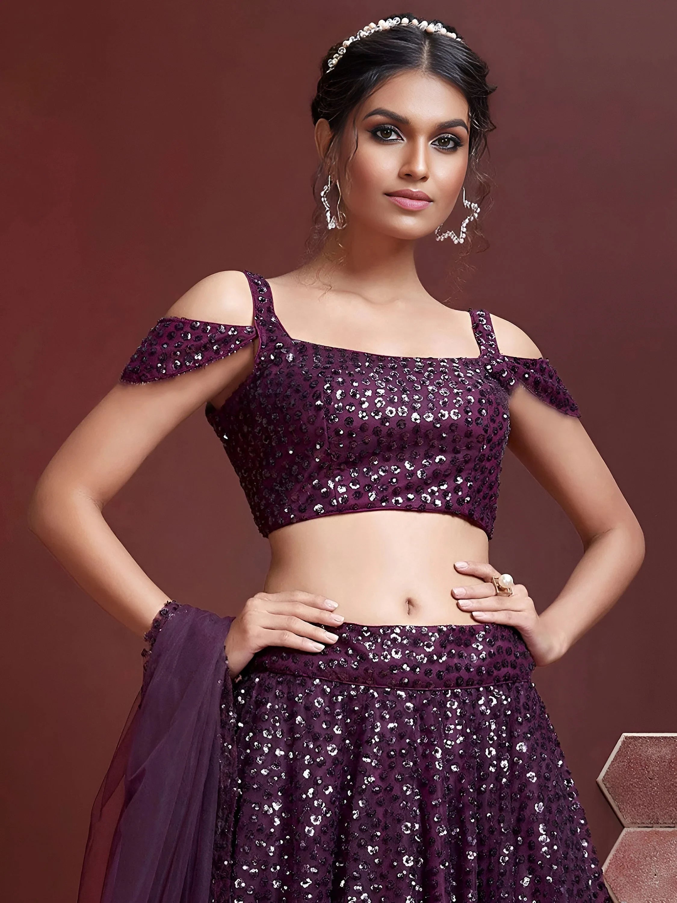 Glamorous Purple Sequins Net Reception Wear Plus Size Lehenga Choli
