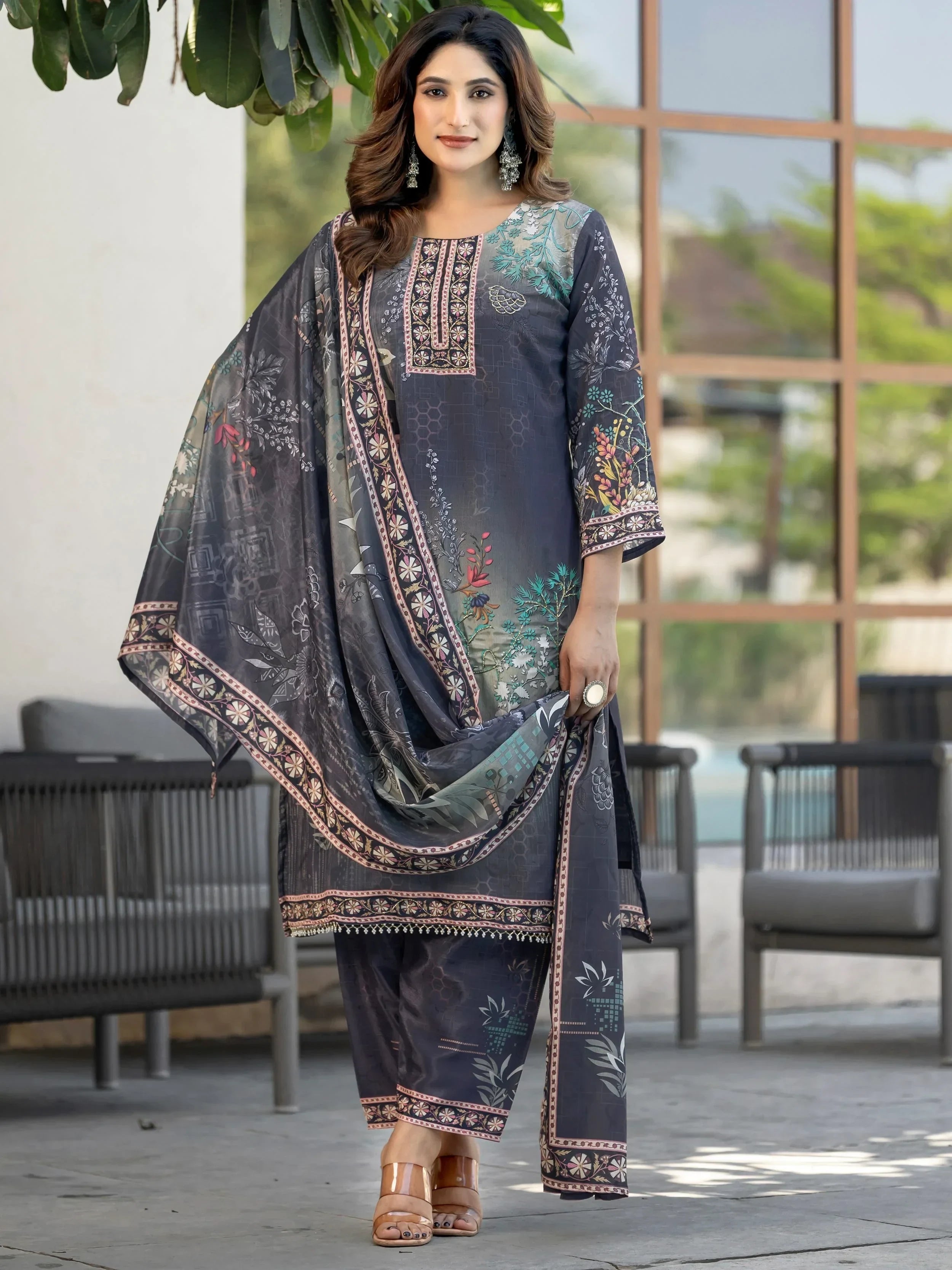 Wonderful Grey Digital Printed Chinon Festival Straight Suit 