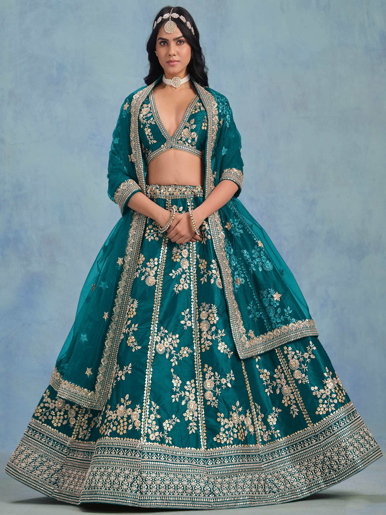 Fabulous Green Embroidered Silk Wedding Wear Lehenga Choli
