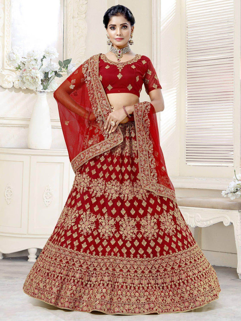 Pretty Red Thread Net Bridal Wear Lehenga Choli
