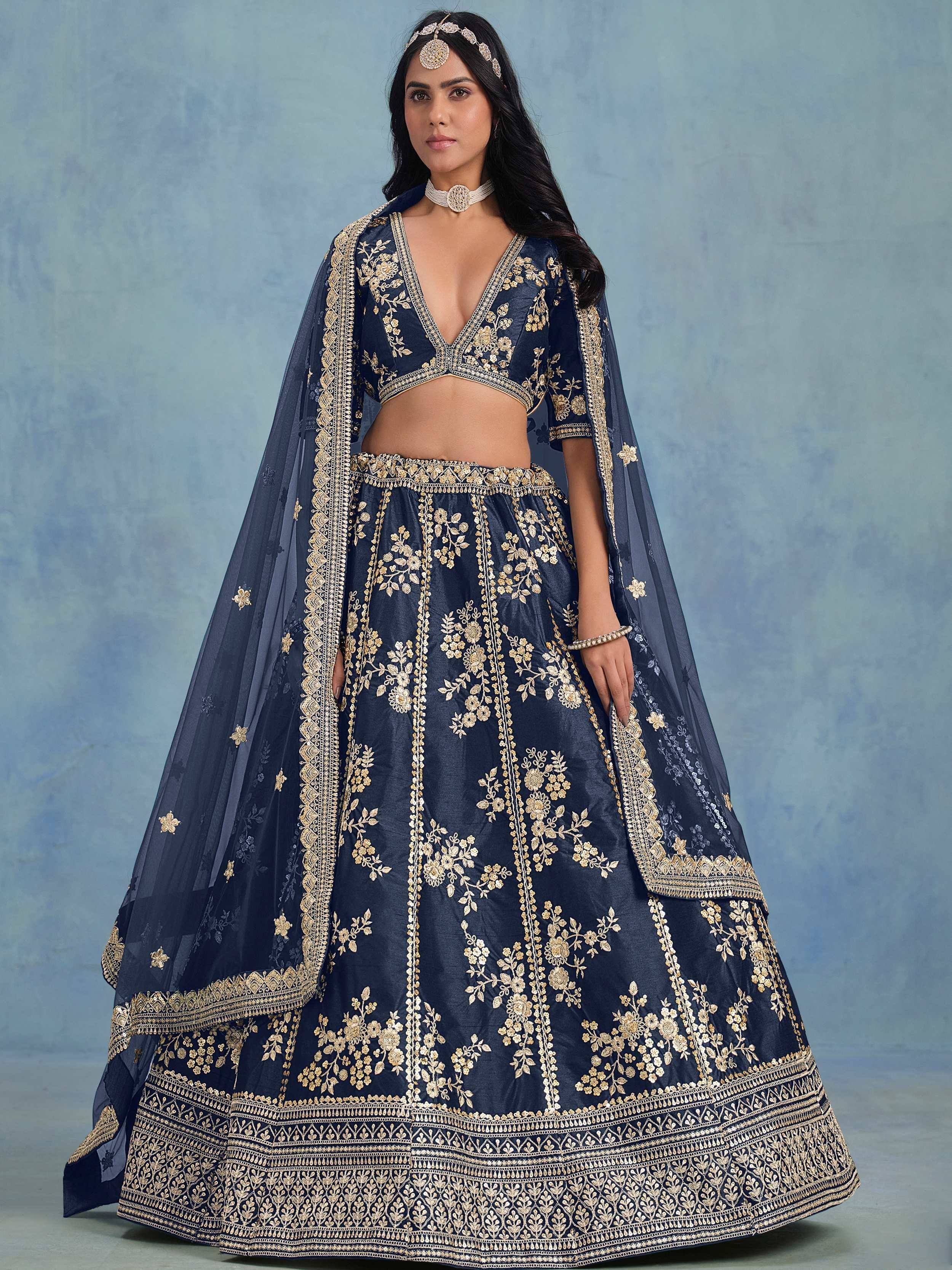 Wonderful Blue Embroidered Silk Engagement Wear Lehenga Choli