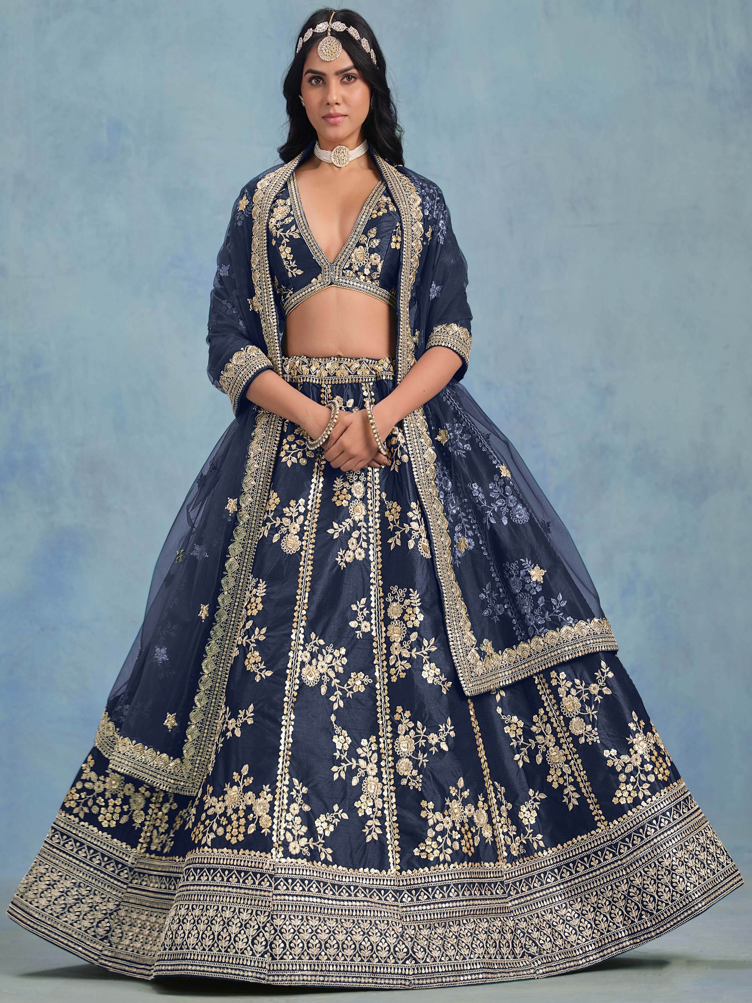 Wonderful Blue Embroidered Silk Engagement Wear Lehenga Choli