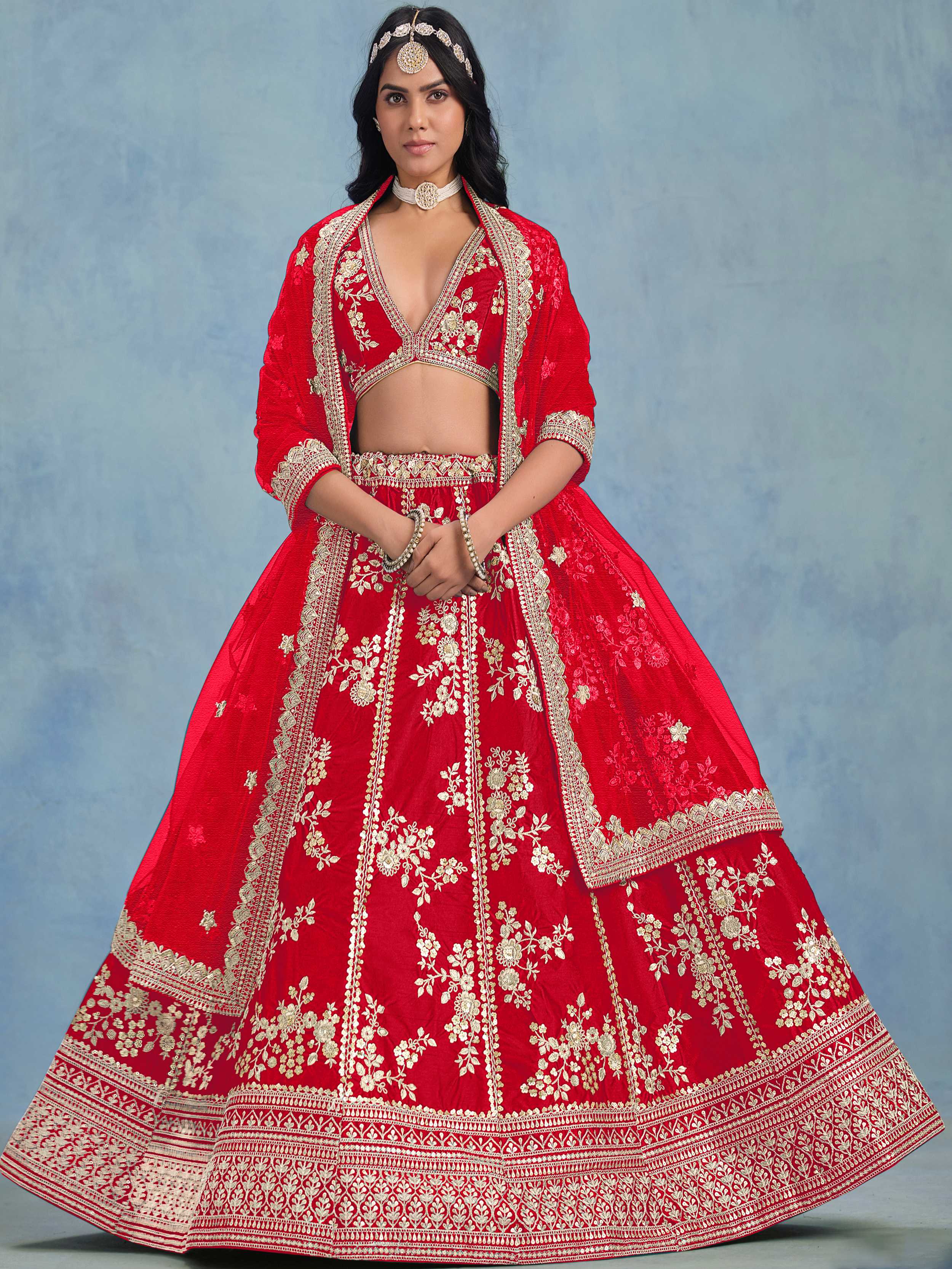 Incredible Red Embroidered Silk Wedding Wear Lehenga Choli