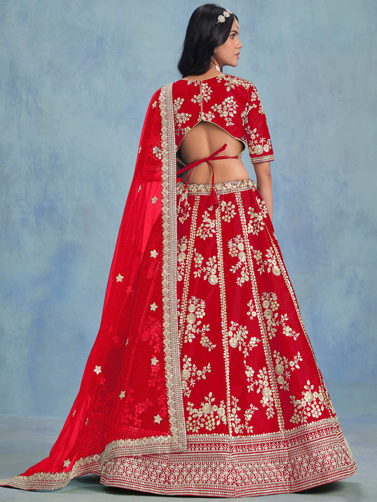 Incredible Red Embroidered Silk Wedding Wear Lehenga Choli