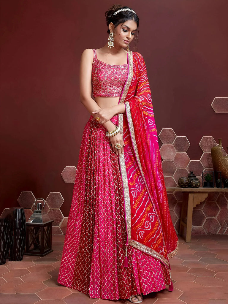 Gorgeous Pink Embroidered Silk Sangeet Wear Plus Size Lehenga Choli