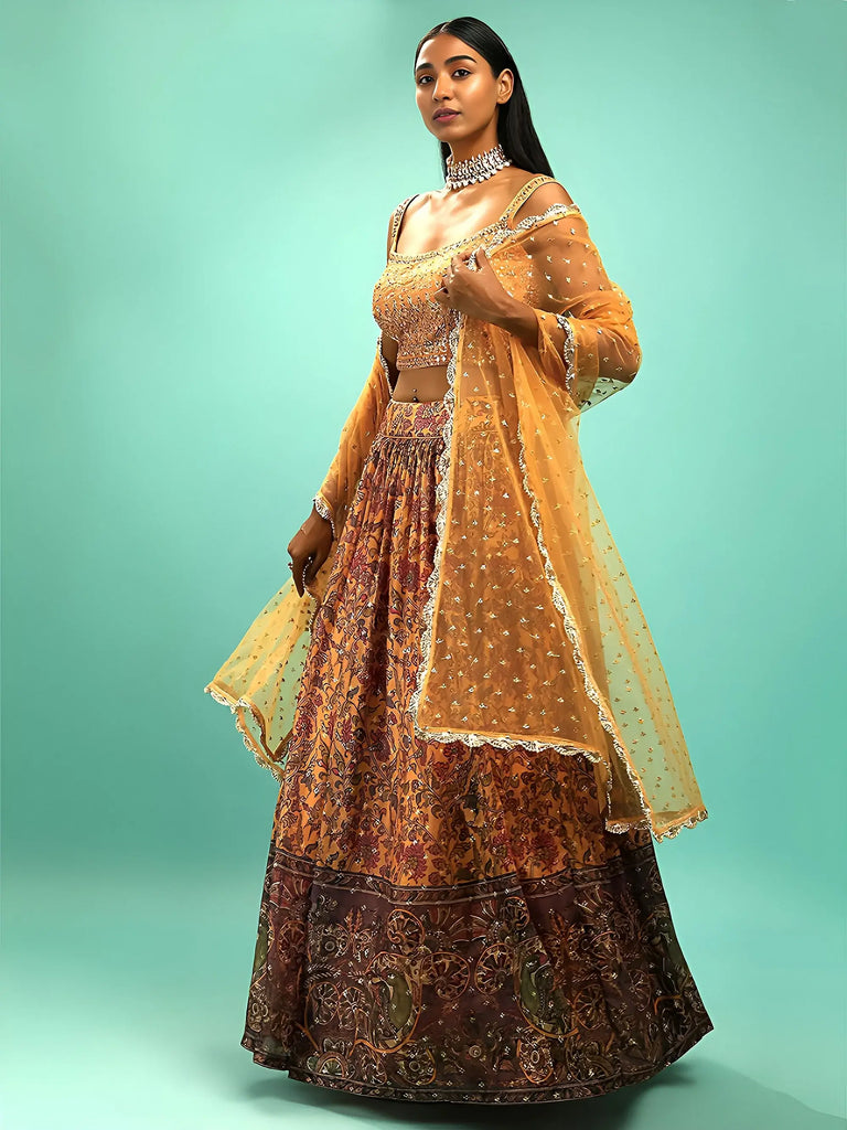 Awesome Yellow Chinon Digital Print Designer Reception Wear Lehenga