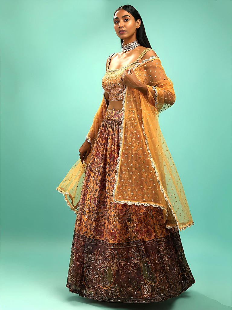 Great Yellow Printed Chinon Engagement Wear Plus Size Lehenga Choli