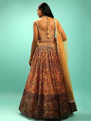 Awesome Yellow Chinon Digital Print Designer Reception Wear Lehenga