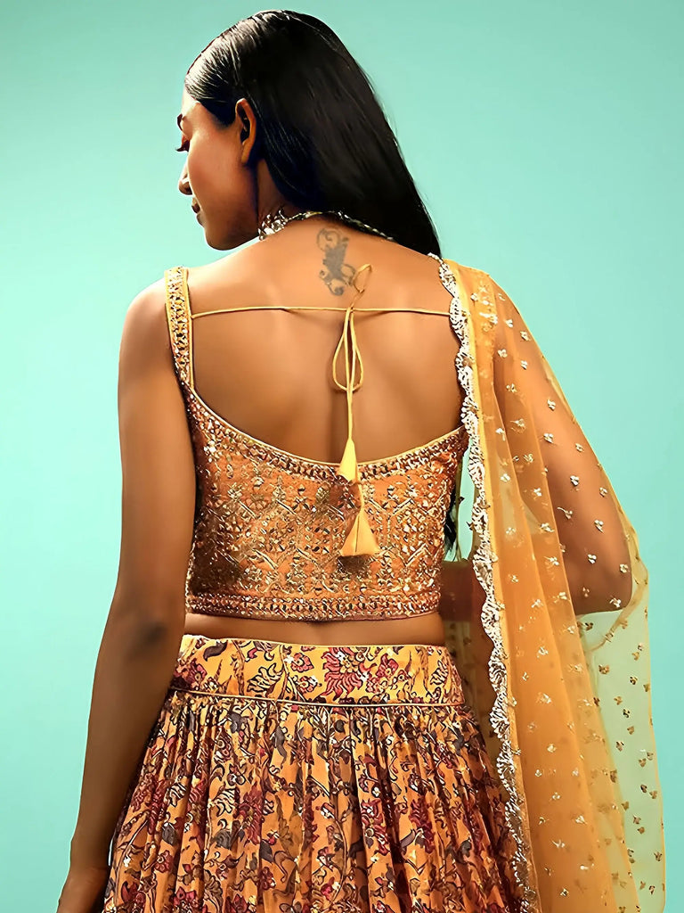 Awesome Yellow Chinon Digital Print Designer Reception Wear Lehenga