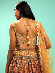 Awesome Yellow Chinon Digital Print Designer Reception Wear Lehenga