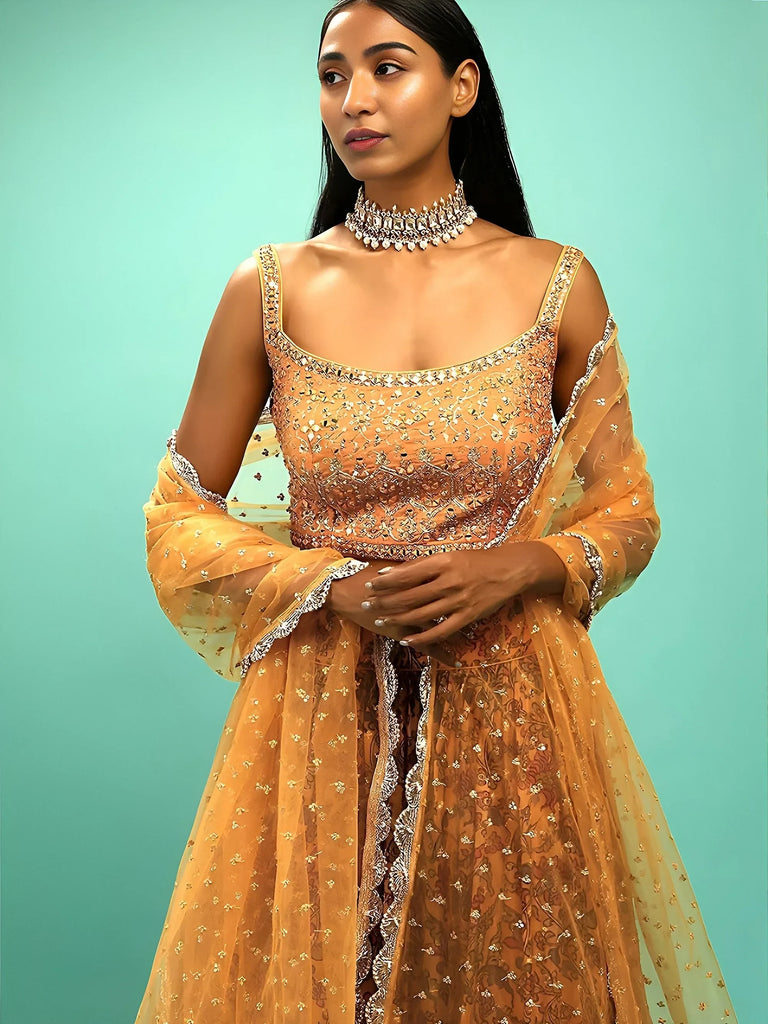 Awesome Yellow Chinon Digital Print Designer Reception Wear Lehenga
