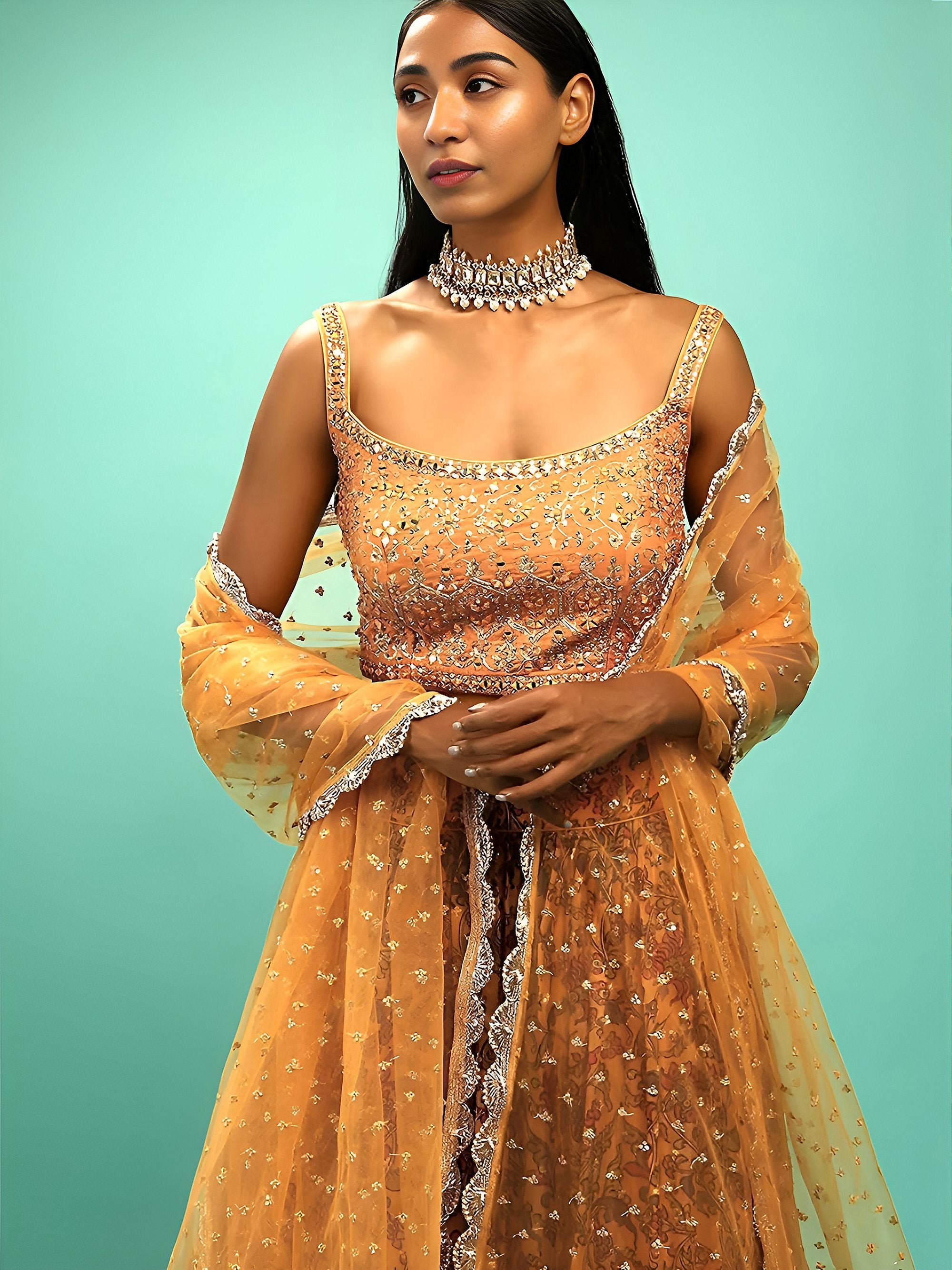 Great Yellow Printed Chinon Engagement Wear Plus Size Lehenga Choli