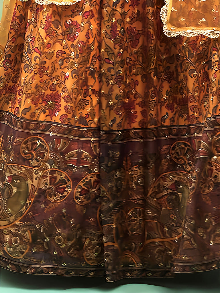 Great Yellow Printed Chinon Engagement Wear Plus Size Lehenga Choli