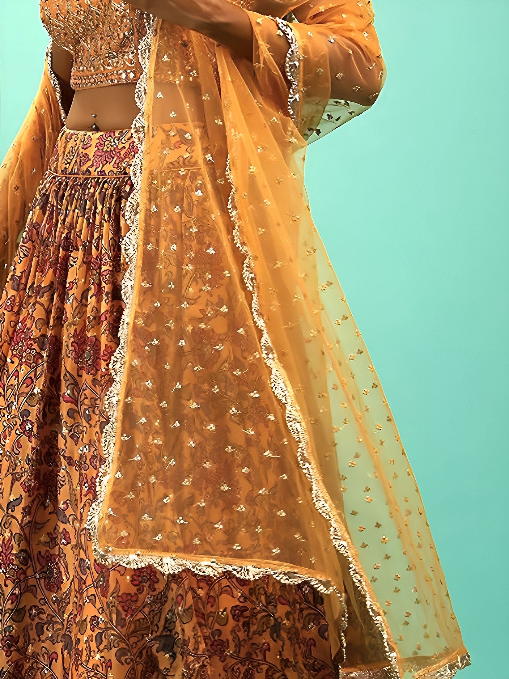 Great Yellow Printed Chinon Engagement Wear Plus Size Lehenga Choli