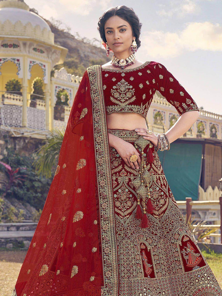 Gorgeous Maroon Multi Embroidery Velvet Bridal Lehenga Choli