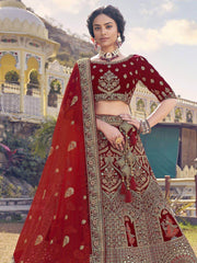 Gorgeous Maroon Multi Embroidery Velvet Bridal Lehenga Choli